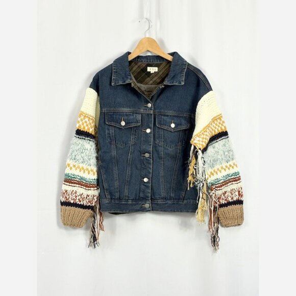Boho Denim Jacket – Relaxed Fit with Knit Sweater Sleeves - Picture 5 of 9